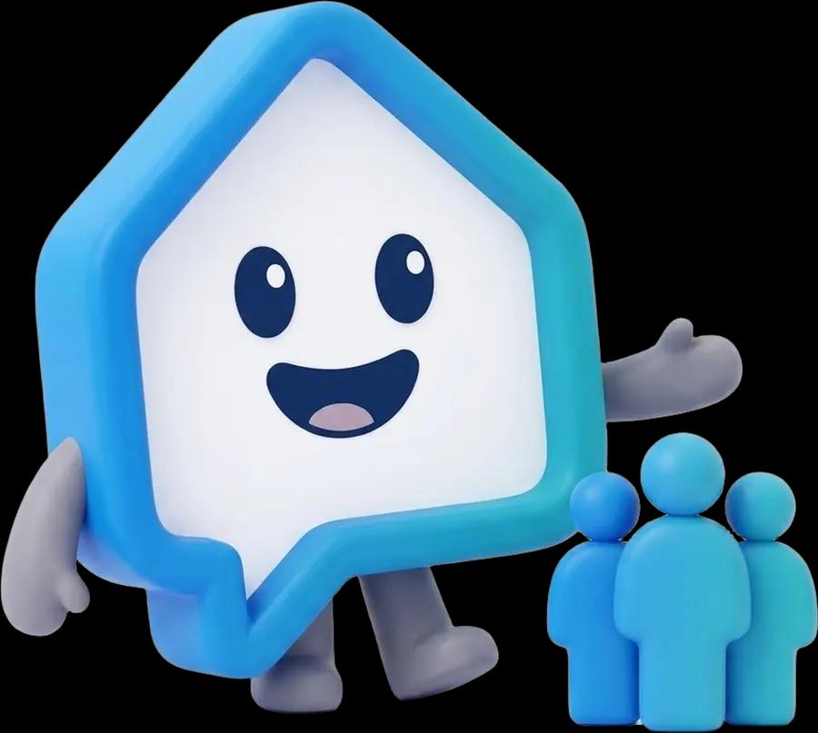 La mascotte Flatsearch accanto a un gruppo di persone