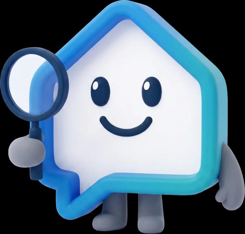 La mascotte Flatsearch con una lente di ingrandimento
